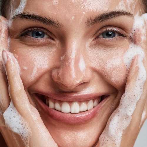 Femme se lavant le visage savon bio collagène marin acide hyaluronique